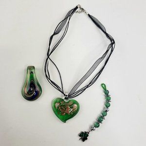 Swirly Glass Pendant Bundle Green Heart Teardrop